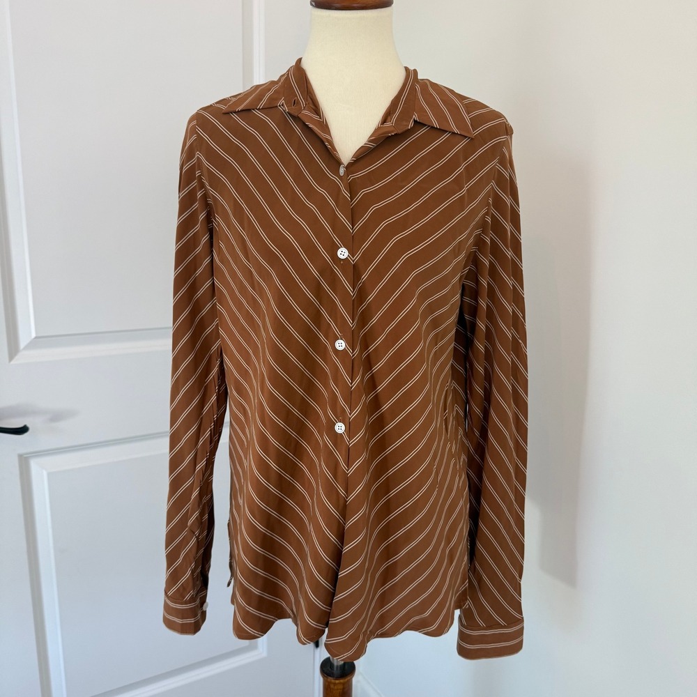 Doncaster Womens 100% Silk Button Down Blouse Brown White Stripes Large 12